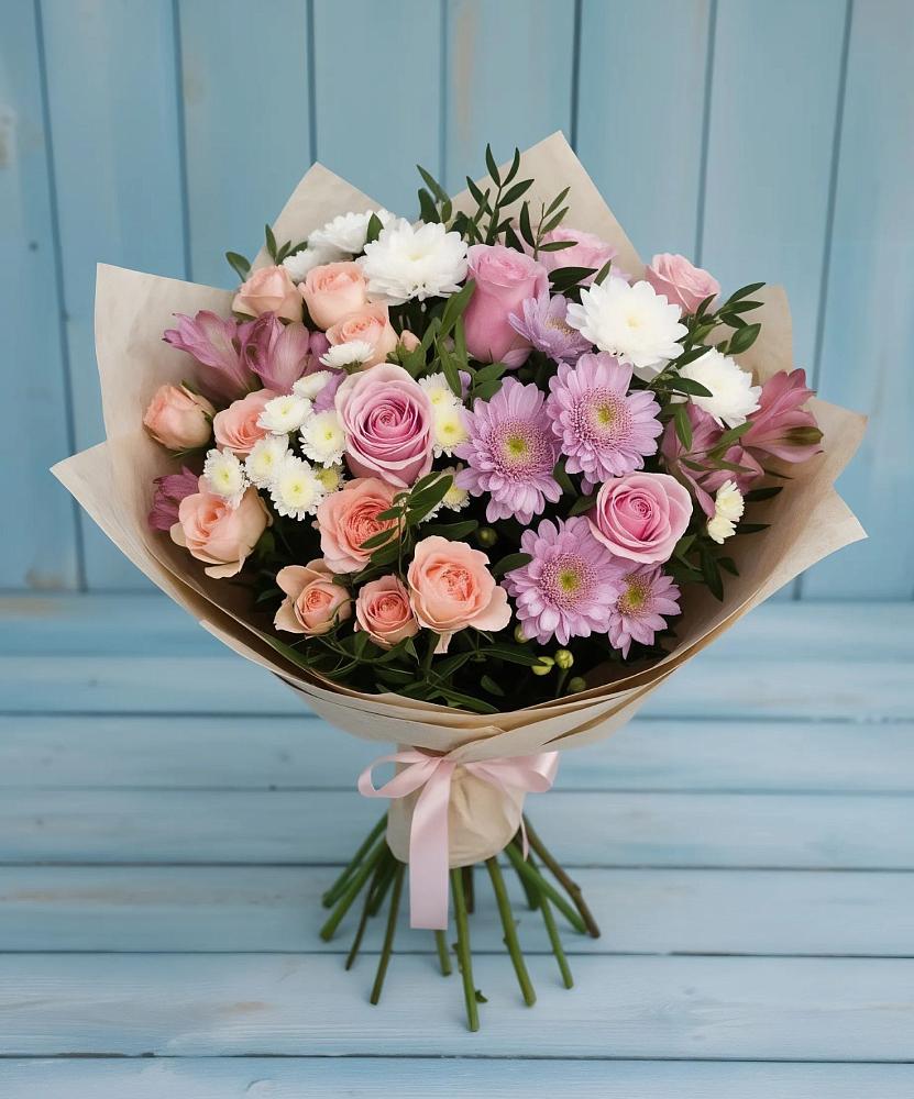 Букет цветов из: Хризантемы, Розы и Альстромерии в Каргинской