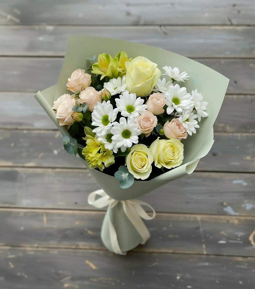 Букет цветов из: Альстромерии, Розы и Хризантемы в Каргинской
