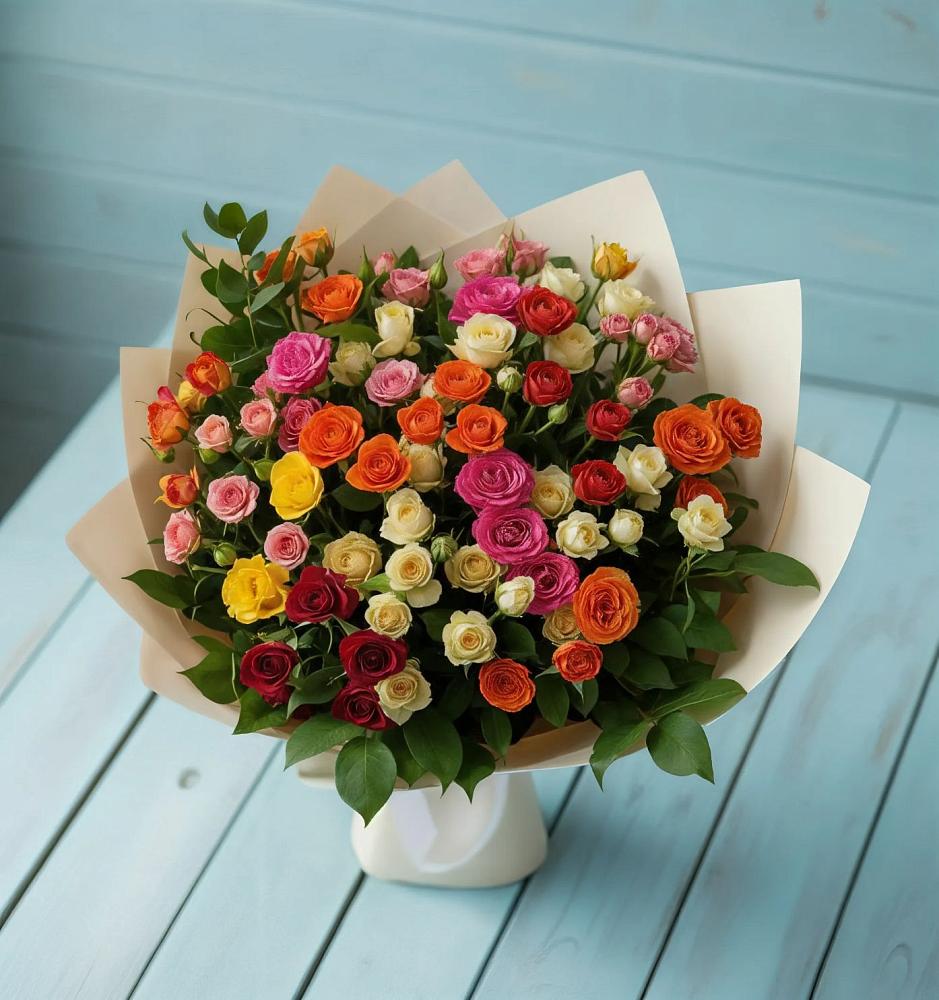 Букет Микс из разноцветных кустовых роз в Каргинской