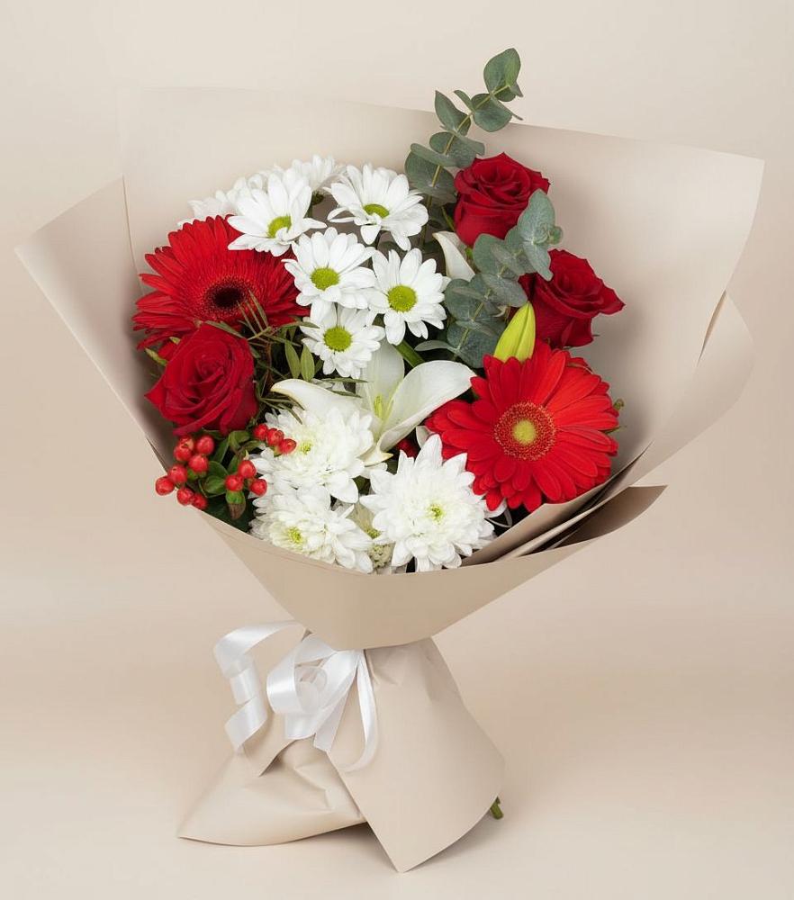 Букет цветов из: Розы, Хризантемы, Герберы и Лилии в Каргинской