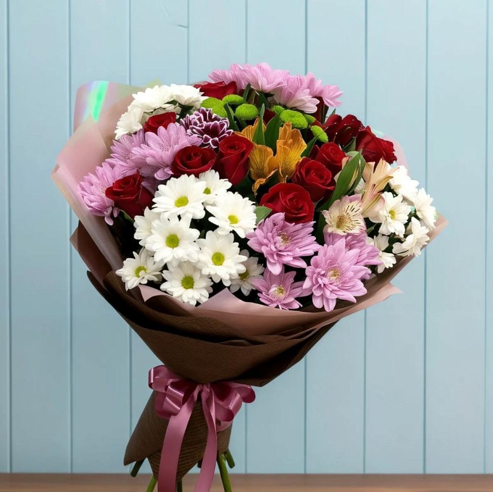 Букет цветов из: Розы, Хризантемы и Альстромерии в Каргинской