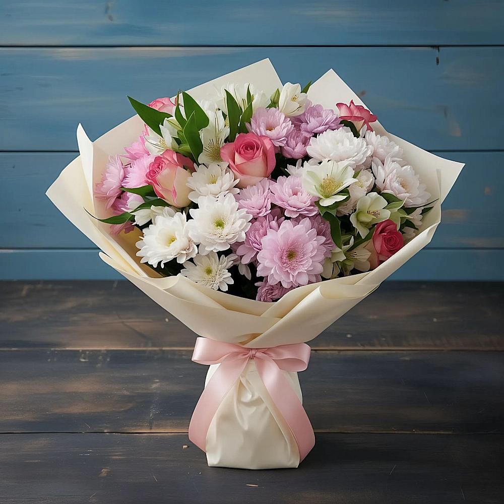 Букет цветов из: Хризантемы, Альстромерии и Розы в Каргинской